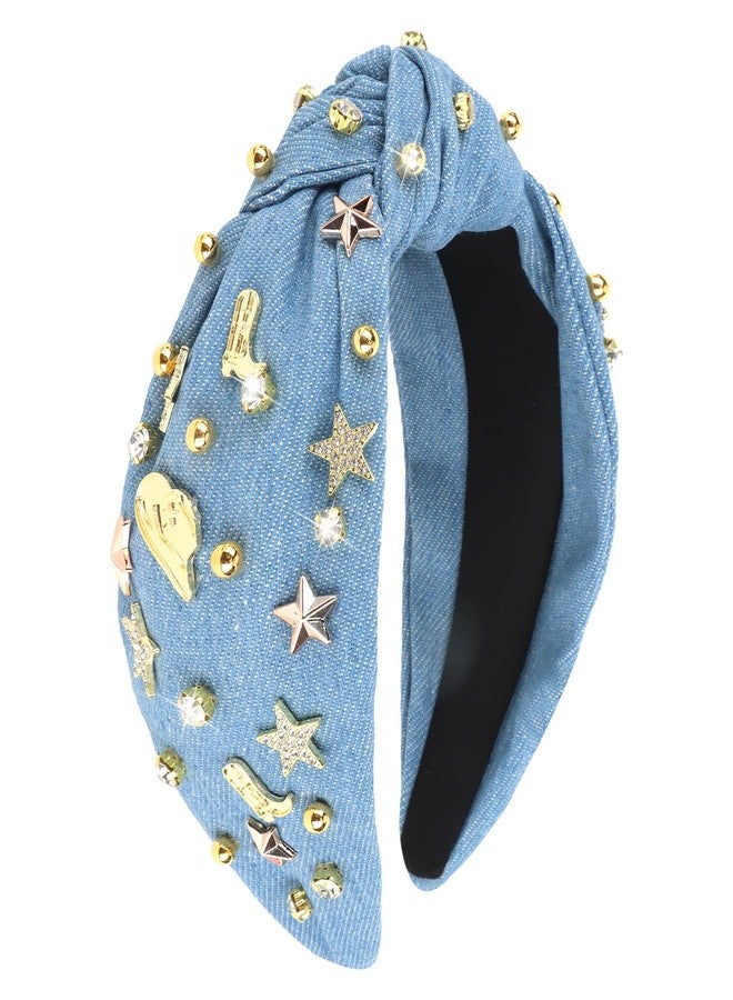 YARIEW Western Cowgirl Headbands for Women - Rhinestone Jeweled Knotted Top Knot Headband for Women Hair Accessories for for Cowgirl Cowboy Western Accessories (Blue) - Image 1